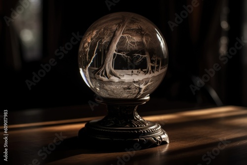 magic crystal ball, with view into the past, showing a moment in time from long ago, created with generative ai