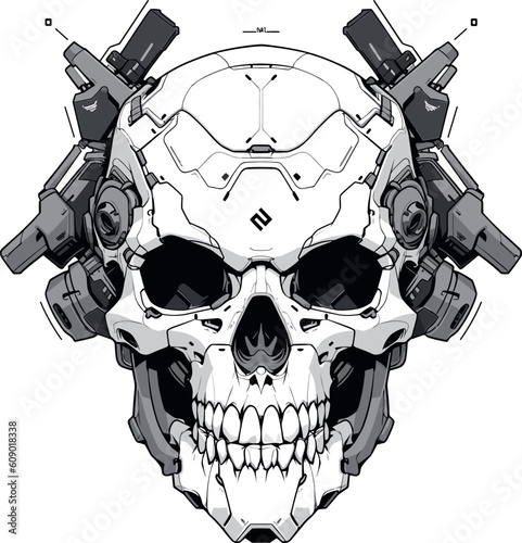 creepy mecha techno skull over white