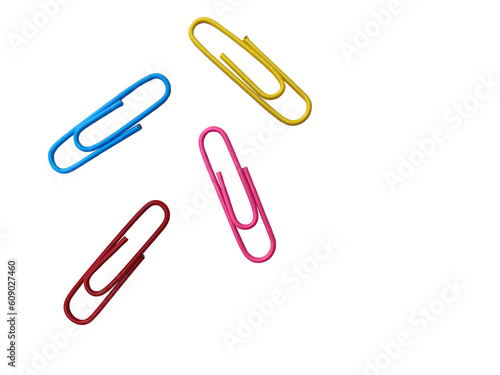 Colorful paperclips isolated on white background. 3D rendering. 