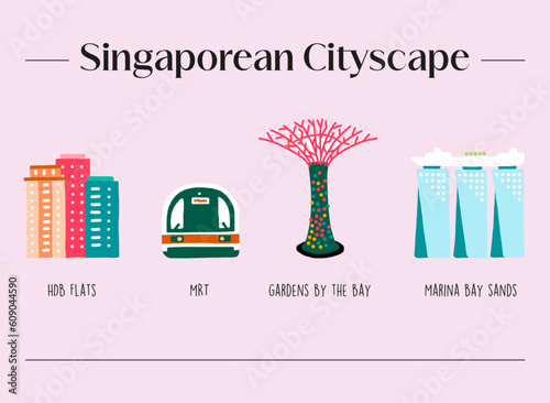 Set of illustrations of Singaporean city icons