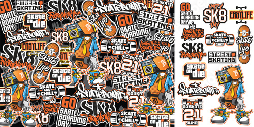 A set of colorful sticker art designs of skateboard illustrations in graffiti style. Graffiti sticker design artwork 