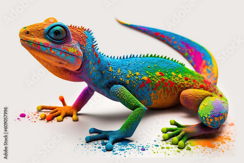 Colorful lizard. Beautiful animals nature with fantasy ink cartoon paint and plasticine toy. Fun background for kids. Generative ai.