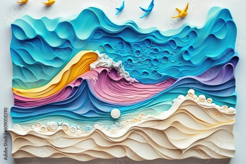 Illustration of ocean waves, plasticine summer background artwork with rainbow pastel colors made with Generative AI