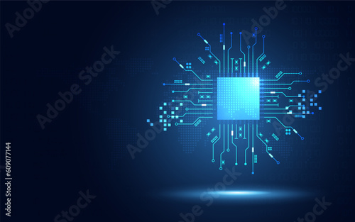 Futuristic chipset processor circuit board digital transformation blue abstract technology background. Innovative tech block chain artificial intelligence cloud computing concept. Vector illustration