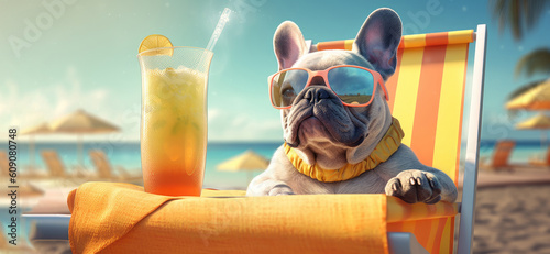 French bulldog dog in sunglasses sits on a deck chair with a cocktail on beach. The concept of a summer holiday by the sea. 