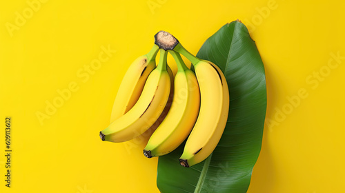 Bananen mit einem Bananenblatt auf gelben Hintergrund. Minimalistisches Sommerkonzept. Vintagestil (Generative AI)