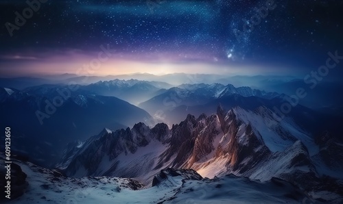 a night sky with stars above a mountain range with snow on the ground. generative ai
