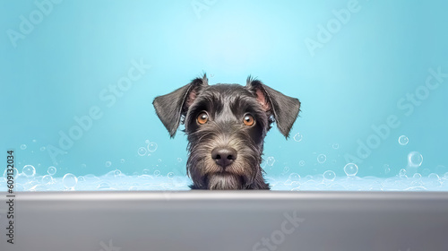 cute dog, black schnauzer have a bath, banner, made with Generative AI
