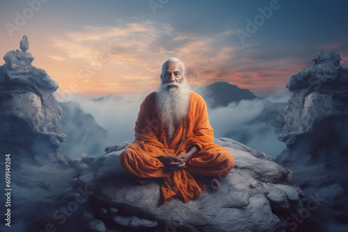 A man with a long white beard sitting on a rock. Generative AI. Buddha, guru purinma celebration.