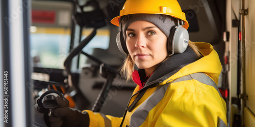 Young woman working on heavy machinery as an industrial crane operator. She wears yellow helmet, earmuffs and jacket. Gender equality at workplace concept. Generative AI