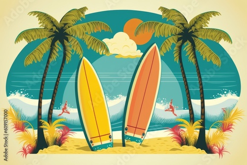 Surfboards on a palm-fringed paradise island. Illustration of an unusual vacation destination. Summer vacation idea. Generative AI