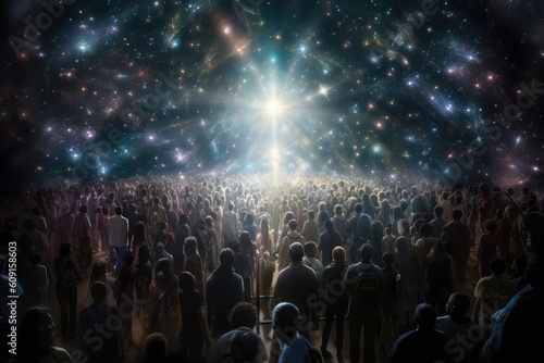 A lot of people on an exodus entering a new dimension in the dark matter universe full of light. AI