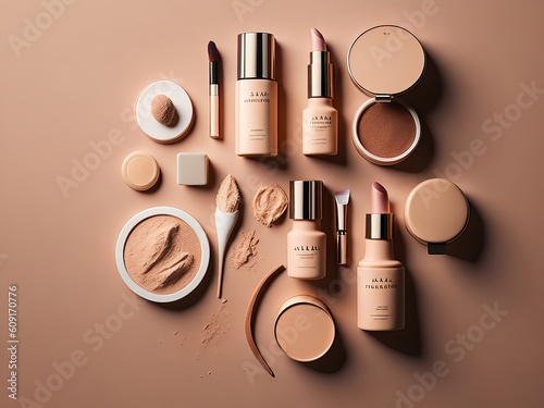 Flat lay composition of beauty cosmetic skincare products, make up products on beige background. Generative AI 
