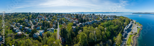 West Seattle Aerial Panoramic View of Alki Admiral Neighborhoods Establishing Shot