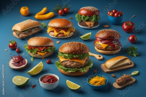 Hamburger ingredients on blue background. Concept of fast food. generative ai