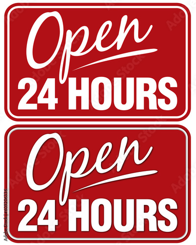 Open 24 Hours sign. Top sign flat style. Bottom sign has shadowing for a layered look