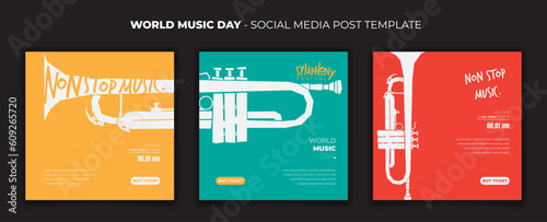 social media post template for world music day design with trombone in flat design