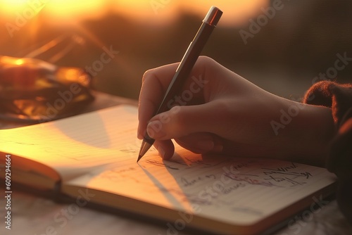 Hands writing pencil sunset. Generate Ai