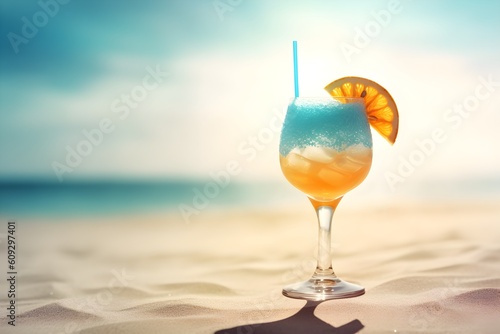 Blue Curacao cocktail on the beach with blue sky and sea background. Generative AI