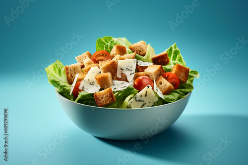 a bowl of healthy caesar salad isolated on a blue background, created with generative ai