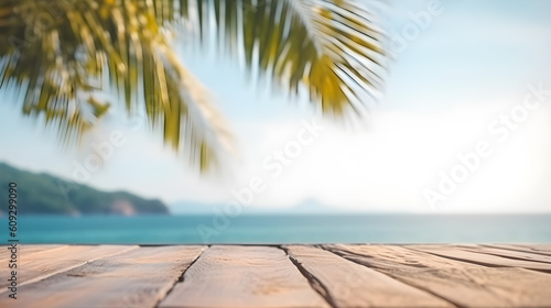 A blank wooden board in front of a hazy sea and sky. Brown wooden table seaside scene in perspective, perfect for photoshoot backdrops, product displays, and design mockups. Generative AI
