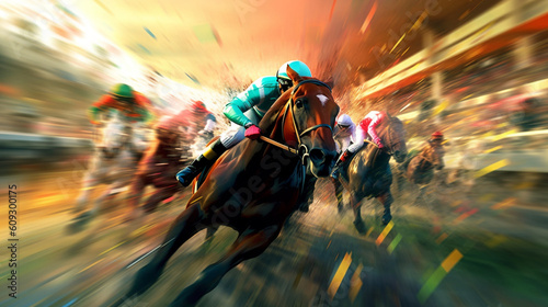 Horse racing as a jockey and their racing horse dash towards victory. The champion duo demonstrates exceptional skill and grace as they navigate the racetrack at incredible speed, Generative AI