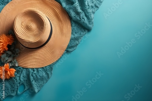 Summer background with sunhat, seashells and starfish on blue background