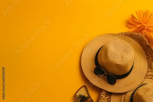 Sun hat with summer accessories on a yellow background with copyspace
