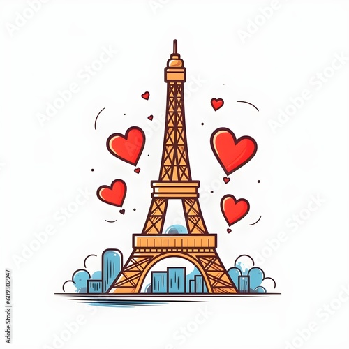 Eifel tower illustration with colorful hearts around, AI generated