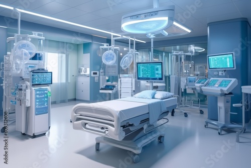 Image showcasing a well-organized and technologically advanced intensive care unit (ICU) with specialized equipment, emphasizing the importance of critical care and patient monitoring. Generative AI