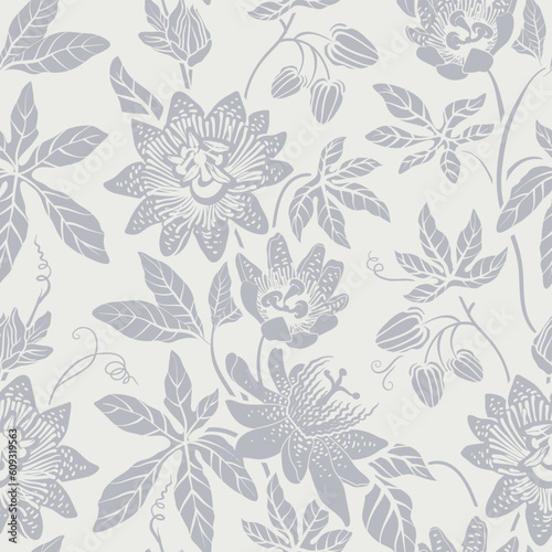 Seamless monochrome pattern with flowers. Background with decorative climbing flowers. Nature wallpaper. Design for textile, wallpaper, bed linen, paper, invitation, cover. Floral backdrop