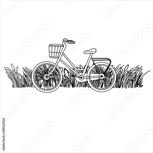 Retro bicycle on the beach. Happy holiday. Stock illustration. Hand painted, line art.