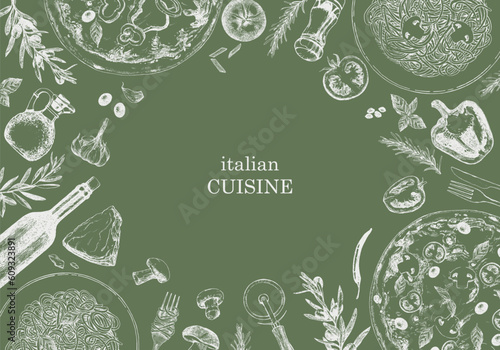 Traditional Italian cuisine. Hand-drawn illustration of Italian traditional dishes and products. Ink. Vector