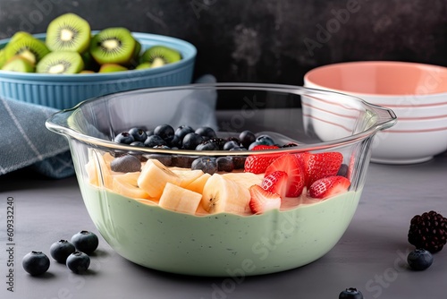 pyrex bowl filled with creamy, fruity smoothie, created with generative ai