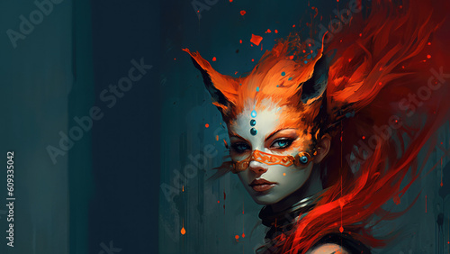 Fierce kasai kitsune female fox with fiery flame red hair and piercing gaze; immortal age old mythical spirit guardian fantasy art portrait - fictional character Generative AI 