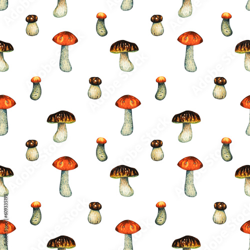 Seamless watercolour pattern with red edible mushrooms and porcini boletus big and small. Isolated hand drawn illustration on white background.