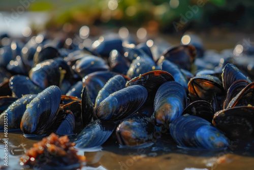 Fresh and plump mussels from an aquaculture farm, close-up . Sustainable aquaculture farming. Generative AI.