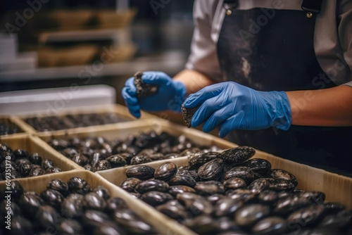 Aquaculture worker carefully packages fresh mussels for the market. Sustainable and eco-friendly farming practices prioritize the health of the environment. Generative AI. 
