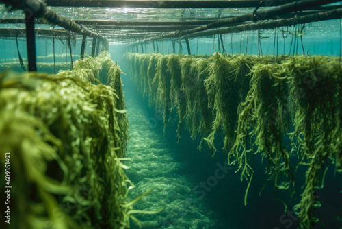 Thriving seaweed algae growth on lines in an aquaculture farm. Healthy and sustainable growth of seaweed algae rich in nutrients and with many commercial applications. Generative AI