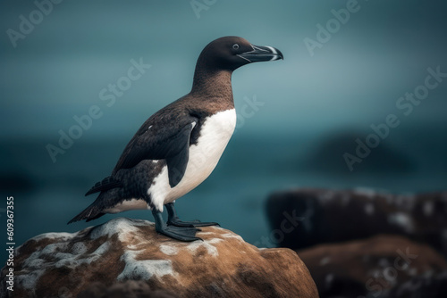 Great Auk, a flightless bird that once roamed the North Atlantic. Bird's distinctive black and white feathers, beady eyes, and sleek physique. Generative AI.