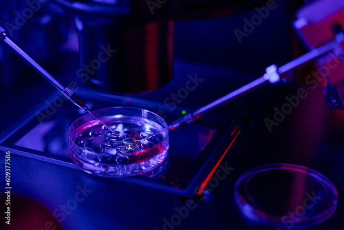 Close-up micromanipulator doing fertilization of female cell