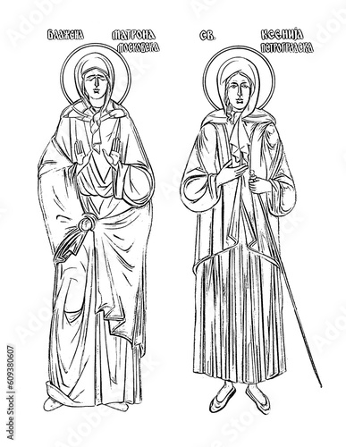 Saint Matrona Nikonova and Xenia of Saint Petersburg. Coloring page in Byzantine style on white background