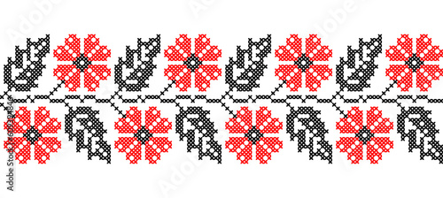 Ukrainian flowers pattern in red and black colors. Vector ornament, border, pattern. Ukrainian folk, ethnic floral embroidery. Pixel art, vyshyvanka, cross stitch