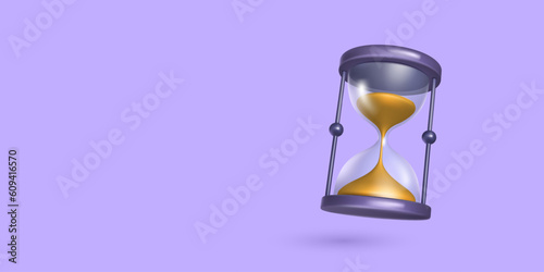 3d hourglass. Time antique measure instrument, sand glass clock, watch hours for wait or loading history isolated sandglass. Horizontal banner purple background. Vector realistic illustration