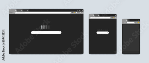 Mac browser windows. Screen web interface for Apple or Chrome. Dark design. URL address and search tab bar. Empty frame. Menu option button. Vector computer or mobile UI template set