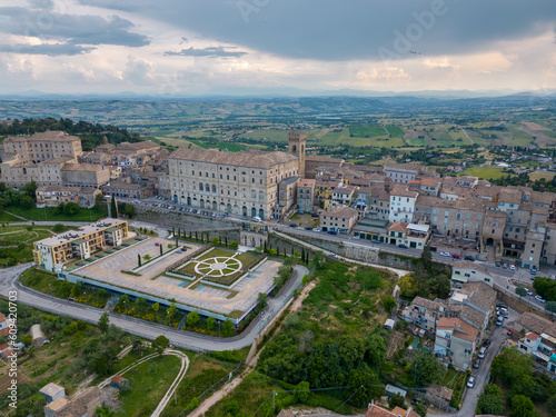 Italy, June 02, 2023: aerial view of the beautiful village of Recanati which gave birth to Giacomo Leapardi. The village is on the Marche hills in the province of Macerata