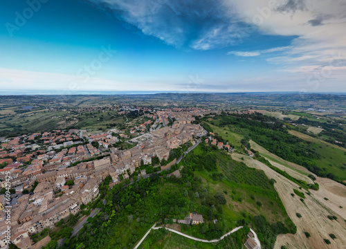 Italy, June 02, 2023: aerial view of the beautiful village of Recanati which gave birth to Giacomo Leapardi. The village is on the Marche hills in the province of Macerata