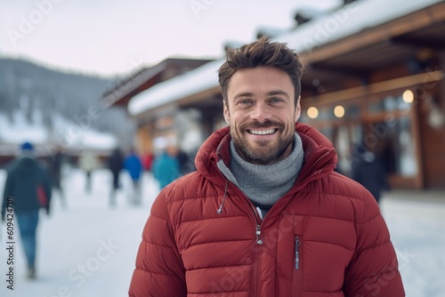 Medium shot portrait photography of a grinning man in his 20s that is wearing a chic cardigan against an active ski resort with visitors enjoying the slopes background . Generative AI