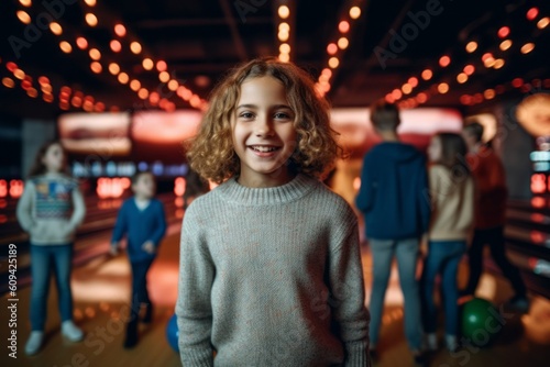 Medium shot portrait photography of a pleased child female that is wearing a cozy sweater against a noisy and animated bowling alley with friends background . Generative AI