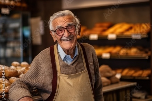 Medium shot portrait photography of a satisfied 100-year-old elderly man that is wearing a chic cardigan against a busy bakery with freshly baked goods and bakers at work background . Generative AI